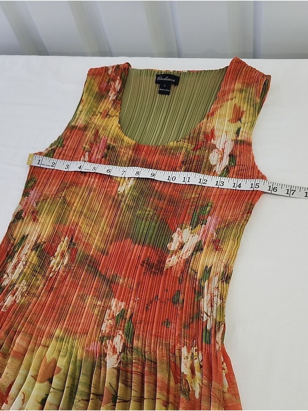 Caeliann Floral Pleated Dress Sleeveless Plisse Green Orange Sz Lg Forest Fairy - Picture 7 of 9